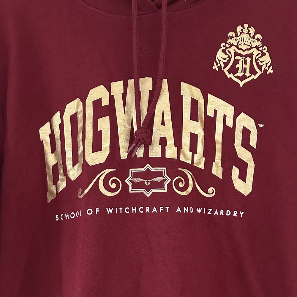 Hogwarts Maroon Hoodie Harry Potter Sweatshirt Gold Graphic Pullover - Picture 2 of 8